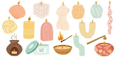 Various Candles. Different shapes and sizes. Pillar, jar candle, square, container candle. Hand drawn trendy Vector illustration set
