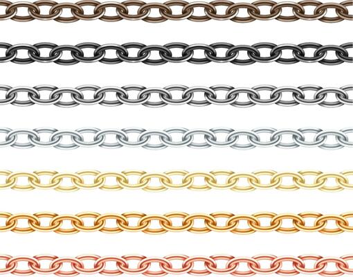 Big collection different metal chain seamless texture. Silver, gold, platinum, iron, copper color chains link set isolated on white background.