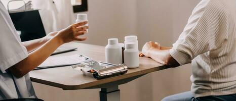 Pharmacist explaining prescription medication to woman in the pharmacy for pharmaceutical healthcare treatment. Medical, counter and female chemist talking to patient on medicine in clinic dispensary photo