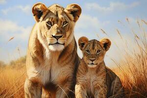 Generative AI illustration of a Family of lions, lion mother with cub in nature photo