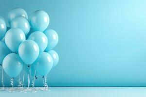 Generative AI, a birthday concept, light blue balloons full background. Copy space photo