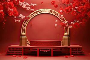 Generative AI, Red podium with lantern chinese new year and gift box product stand podium background pedestal 3d photo