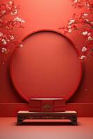 Generative AI, Red podium with lantern chinese new year and gift box product stand podium background pedestal 3d photo