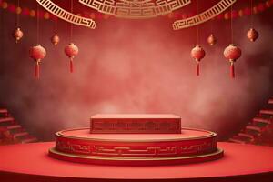 Generative AI, Red podium with lantern chinese new year and gift box product stand podium background pedestal 3d photo