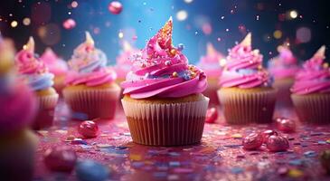 Generative AI, a cupcakes in a colorful frosting, beeper, sparkle core, pink, blue, pastel color, party and birthday, magical with bokeh background photo