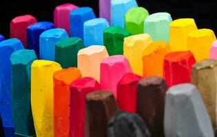 a collection of neatly arranged crayon sticks visible from above in a row of colorful colors photo