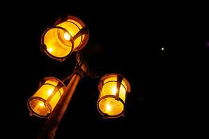 un jardín lámpara luces arriba a noche, hermosamente oscuro en el oscuridad de el noche foto