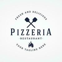 Retro vintage pizza or pizzeria logo template design with crossed shovels.Logo for business, restaurant, label and badge. vector