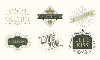 Set of vector vintage valentines day design elements. Abstract banners with text and swirls.