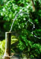 The shower is made of bamboo with a single water fountain located in the garden photo