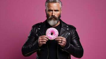 Gray-haired man with a beard in a leather jacket holding a donut on a pink background ai generated photo