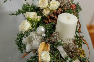 Christmas composition of flowers and Christmas decorations photo