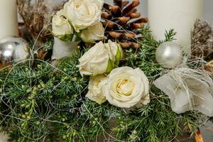 Christmas composition of flowers and Christmas decorations photo