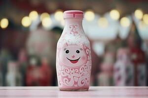 kawaii rosado Leche botella con linda sonrisa embalar. generar ai foto