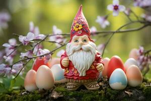 Little cute Easter gnome with colorful eggs. Generate ai photo