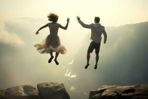 Pareja saltando en el aire desde el borde de el montaña. generar ai foto