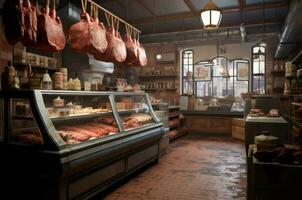 Meat specialized shop interior. Generate ai photo