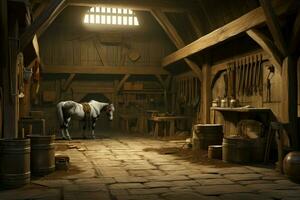 Wooden stable interior horse mammal. Generate Ai photo