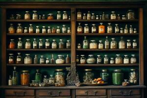 Pharmacy shelf with various ingredients. Generate ai photo