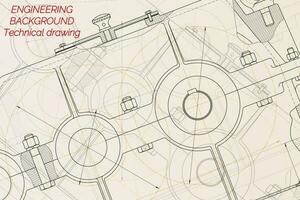 Mechanical engineering drawings on light background. Reducer. Technical Design. Cover. Vector illustration