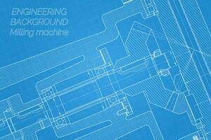 Mechanical engineering drawings on blue background. Milling machine spindle. Technical Design. Cover. Blueprint. Vector illustration