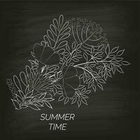 Summer floral background drawn by hand on the black unclean chalkboard. For the design of postcards, brochures, flyers vector