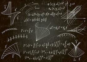 Mathematical formulas drawn by hand on a black unclean chalkboard for the background. Vector illustration