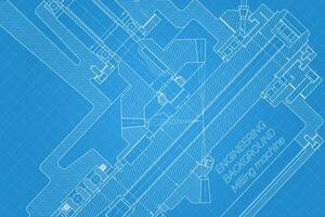 Mechanical engineering drawings on blue background. Milling machine spindle. Technical Design. Cover. Blueprint. Vector illustration