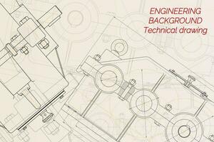 Mechanical engineering drawings on light background. Reducer. Technical Design. Cover. Vector illustration