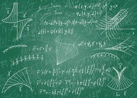 Mathematical formulas drawn by hand on a green unclean chalkboard for the background. Vector illustration