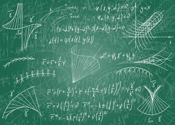 Mathematical formulas drawn by hand on a green unclean chalkboard for the background. Vector illustration
