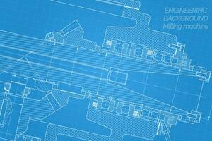 Mechanical engineering drawings on blue background. Milling machine spindle. Technical Design. Cover. Blueprint. Vector illustration