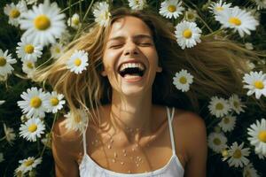 mujer contento sonrisa en manzanilla flores generar ai foto