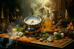 Clock in boiling pot on kitchen table with different ingredients. Generate ai photo