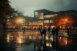 Autumn campus scene night lights. Generate Ai photo