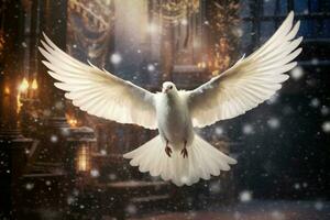 Christmas dove fly. Generate Ai photo