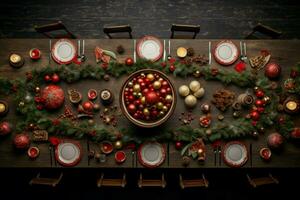 Christmas table top view indoor kitchen. Generate Ai photo