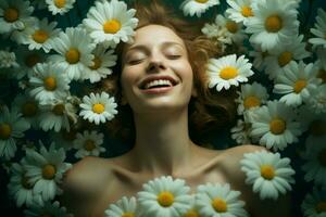 mujer sonrisa en manzanilla flores generar ai foto