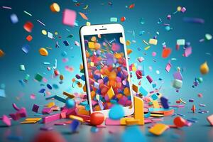 3d phone colorful confetti on blue background. Generate Ai photo