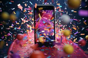 3d phone colorful confetti explode. Generate Ai photo