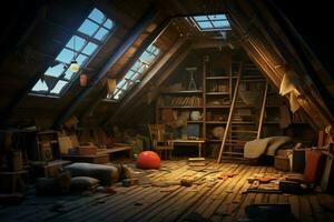 House wooden attic with broken windows. Generate Ai photo