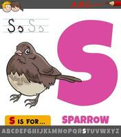 letter S worksheet with cartoon sparrow bird character vector