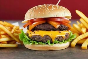 Burger with fries. AI Generative Pro Photo