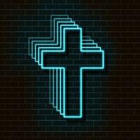 Neon blue christian cross on a brick wall. Decorative realistic retro element for web design. Vector Illustration