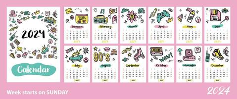 Calendar template for 2024. Vertical cute glider with funny girly doodles in the style of the 90s. Design for printing vector