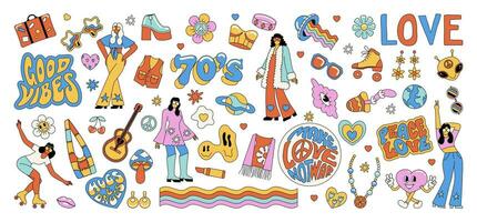 un grande conjunto de maravilloso elementos en el hippie estilo. aislado ilustraciones de el 60s y años 70 divertido, linda pegatinas vector