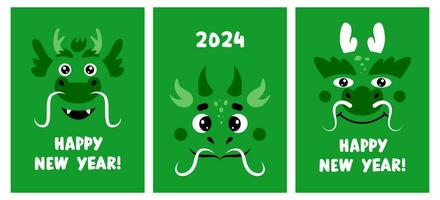 A set of postcards Happy NEW YEAR 2024 Chinese Year of the Green Dragon. Cute funny cartoon dragon. vector