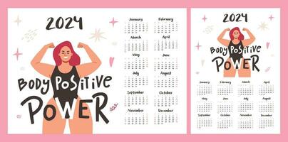 Calendar layout for 2024. A beautiful plump girl for a body positive. Horizontal and vertical printing template vector