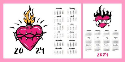 Calendar layout for 2024. Girl's Heart tattoo. Horizontal and vertical layout for printing. Monthly planner vector