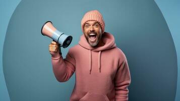 Happy man in pink hoodie and winter hat with megaphone on blue background. photo